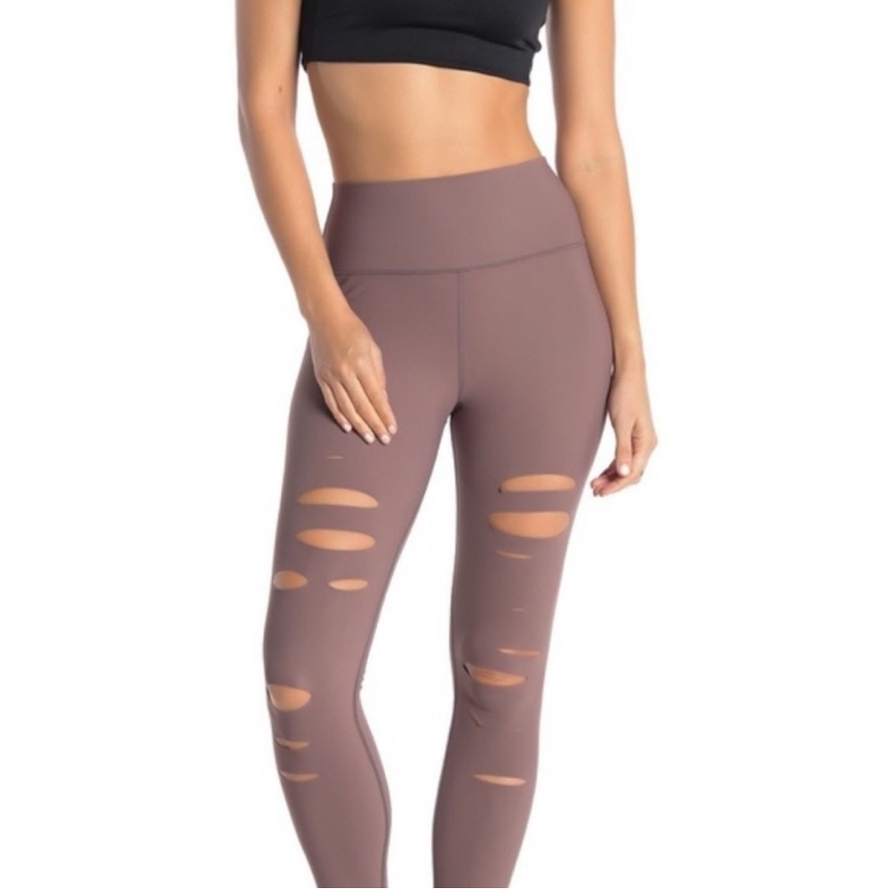 ALO Yoga High Waist Ripped Warrior Distressed Leggings in Mauve